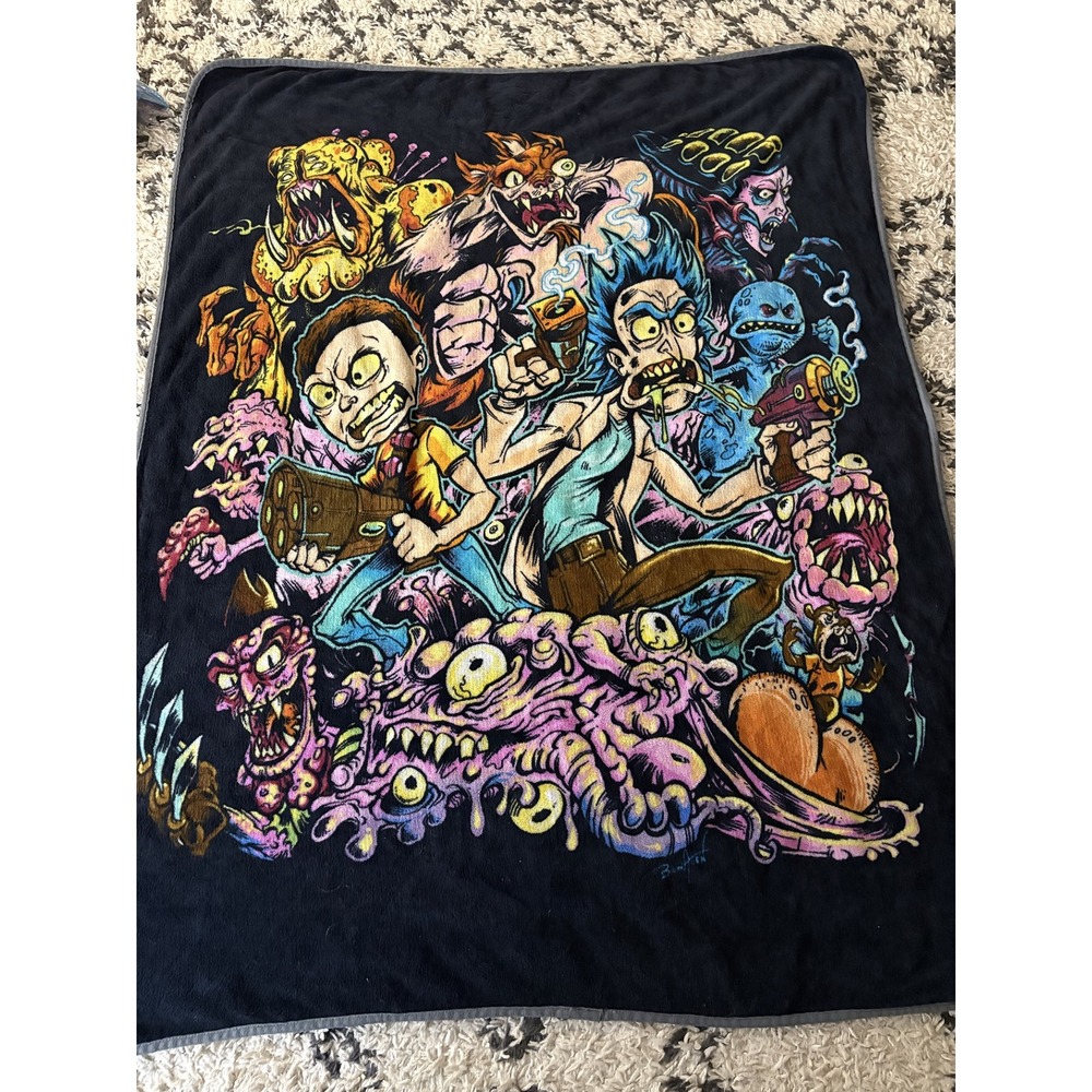 Rick and Morty Surreal Adventure Gun Alien Fleece Throw Blanket Adult Swim Black